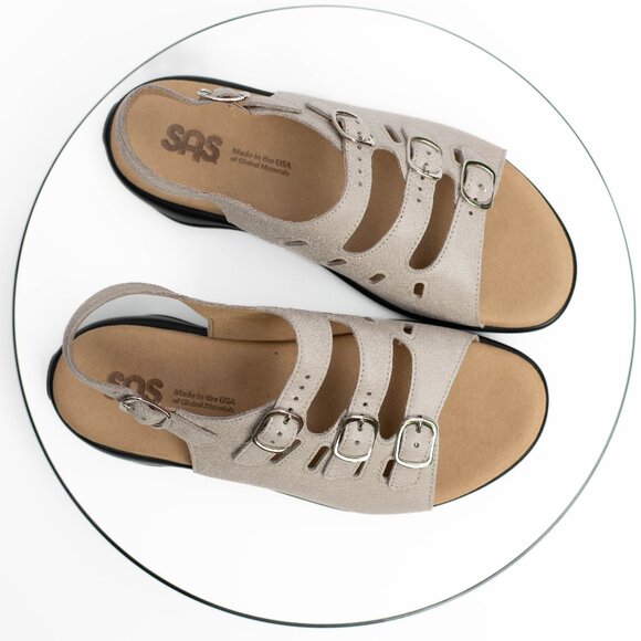 SAS Mystic Web Linen Sandals Women 8.5 WW Beige Leather Adjustable Comfort Shoes - Picture 2 of 8